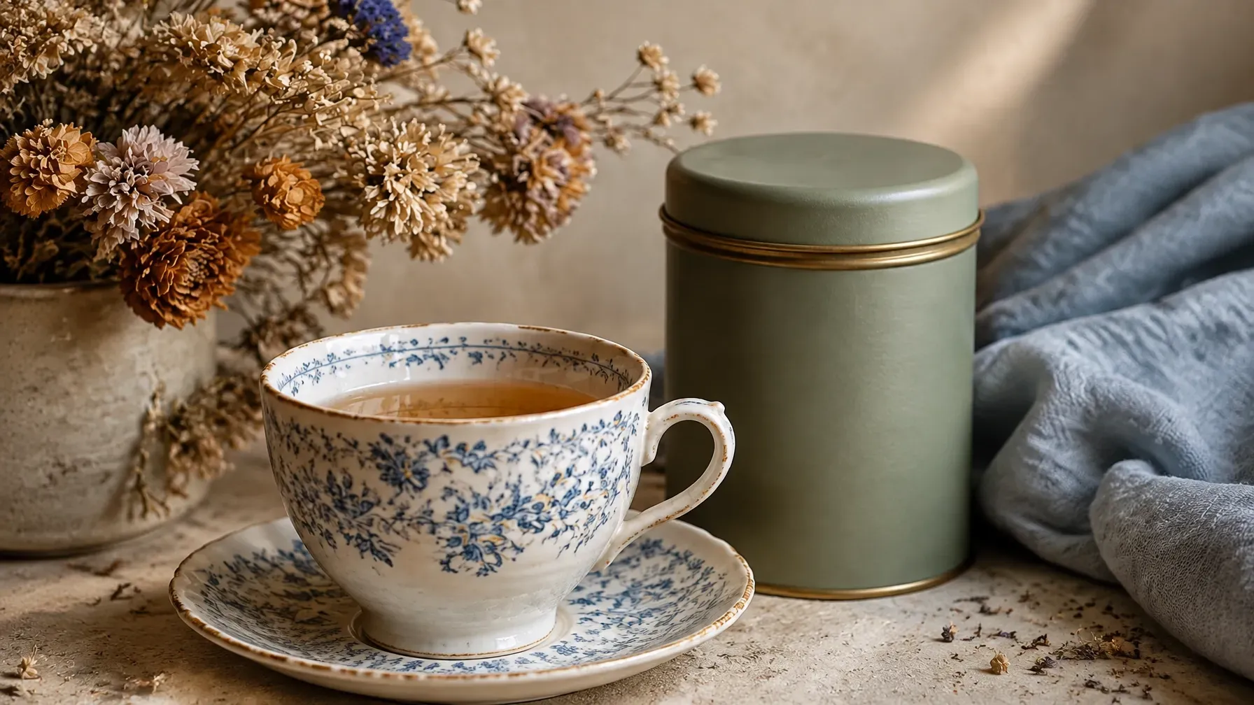 A patterned teacup and saucer beside a green tea tin and dried flowers